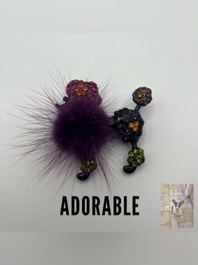 Black Metal Poodle With Multi Colored Rhinestones and Purple Puff Brooch